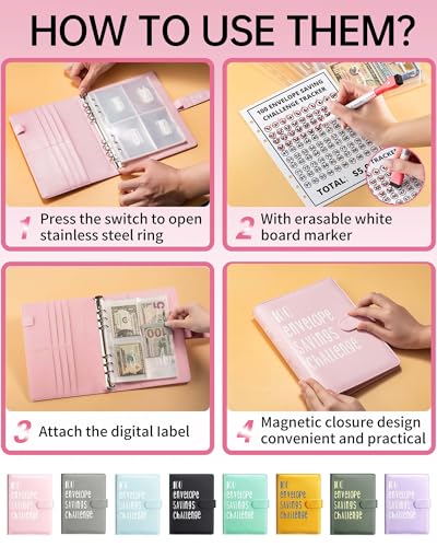 JEJA 100 Ordner Saving Challenge, Budget Planner, sparen 5050€, Sparbuch für Geld Sparen Challenge, Budgetblättern, Etikettenaufklebern, löschbarer Stift, Dunkelgrün