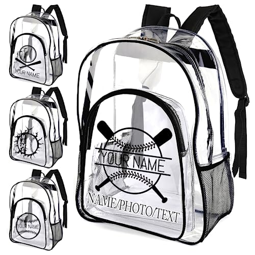 xrlsg Personalized Clear Backpack Custom Name PVC Transparent Backpacks Perfect for Office Travel Outdoor - Name & Baseball