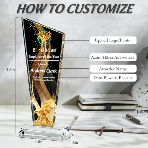 Image of Custom Crystal Trophy Award Personalized Plaque Award with Text Logo Photo Awards Trophies for Employee Recognition Team Graduation Personalized Office Gifts for Boss Coworker Teacher