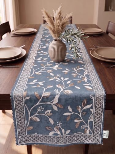 Image of Premium Embroidered Dining Table Runner 6 Seater | Washable Heat Resistant Fabric | Cotton-Silk Blend | Fits 4 & 8 Seater Dining Table | Centre Table Decor | 13 x 72 Inch | Steel-Blue