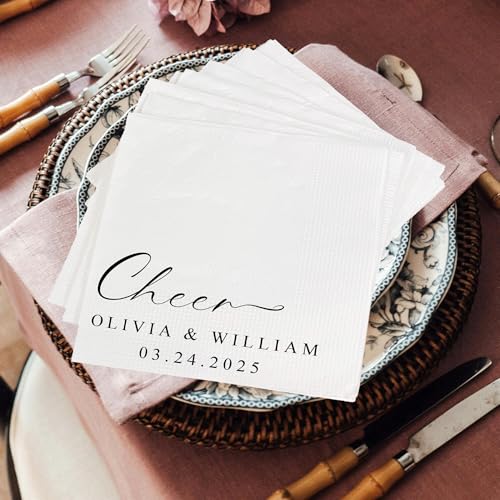 Image of Personalized Cocktail Napkins Wedding, Cheer Mr Mrs Name Couple, Pack 50 100 150 300 500 Anniversary Party, Disposable Decoration Initials Beverage Bar Reception Cocktail Luncheon Dinner, Golden 2