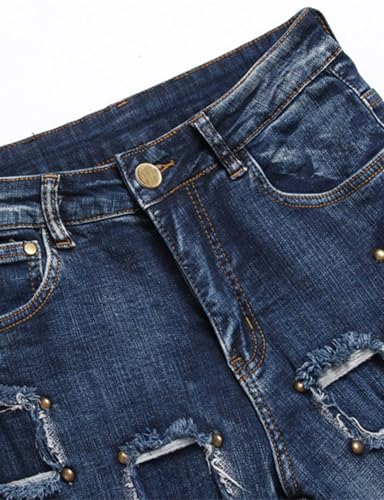 Men's Punk Style Distressed Denim Pants Streetwear Concert Performance Ripped Jeans Beads Decoration Trousers3