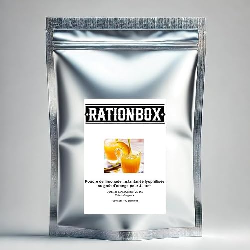 Rationbox - Poudre de limonade instantanée lyophilisée au goût d'orange pour 4 litres - Durée de conservation : 25 ans - Ration d'urgence