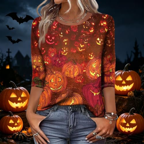 Image of Women Spooky Halloween Graphic Shirt 3 /4 Length Sleeve Crewneck Top | Halloween Funny Printed Pumpkin Plus Size Tshirts 2026 Fall Outfits Skeleton Tee Going Out Tops
