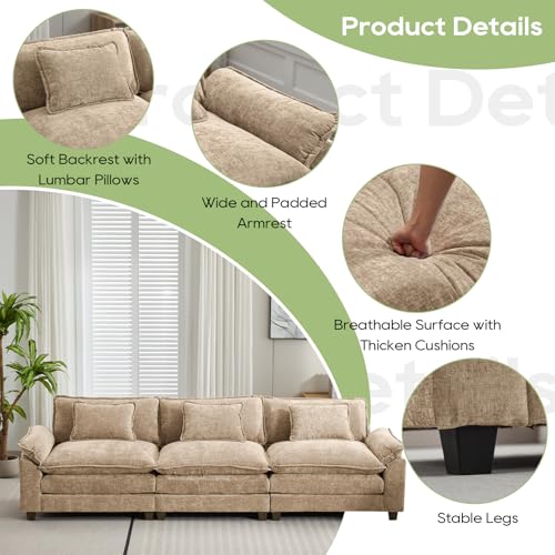 Image of Oprisen 120 inch Modular Sectional Sofa, Comfy Cloud Couch Sectional, Chenille Sofa Sleeper Deep Seat Sofa with Throw Pillows for Living Room (Khaki, 120 inch- 3 Seater)