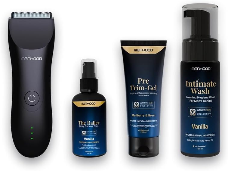 Menhood Date Ready Package 1.0 - Trimmer 1.0, Baller, Intimate Foam Wash, Pre-Trim Gel, Replacement Blade | Travel Essentials Gift For Him (Green Apple)