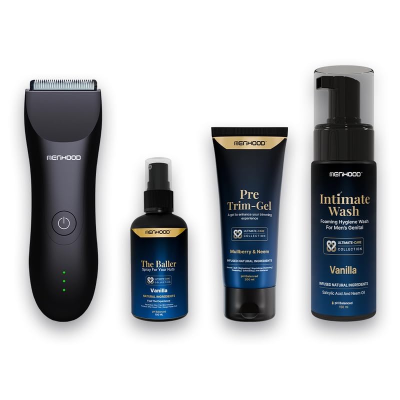 - Menhood Date Ready Package 1.0 - Trimmer 1.0, Baller, Intimate Foam Wash, Pre-Trim Gel, Replacement Blade | Travel Essentials Gift For Him (Green Apple)