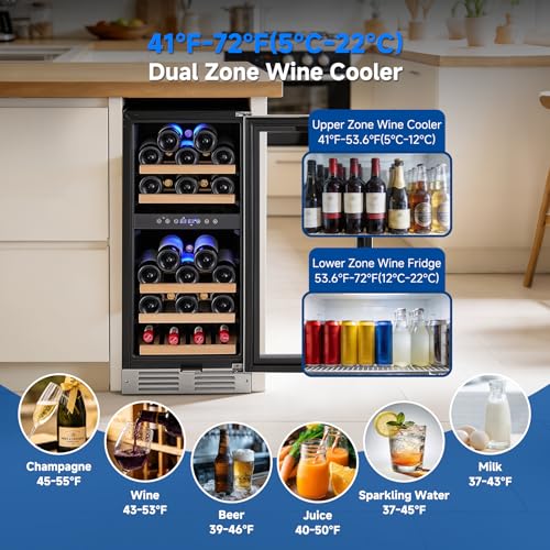 Image of BODEGA 15 Inch Wine Fridge, 30 Bottle Dual Zone Wine Cooler, 41-72℉ Compressor Wine Refrigerator with Tempered Glass Door, Built-in or Freestanding Wine Cooler for Home Kitchen Bar (3.2 cu.ft).