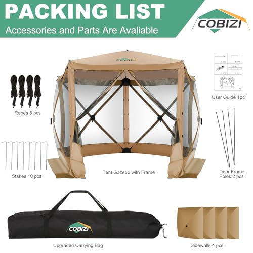 Image of COBIZI 10x10 Pop up Gazebo Screen House Tent for Camping, Pop-up Camping Canopy with Sidewalls, Portable Outdoor Quick-Set Hub Tent with Carrying Bag&Ground Stakes, Khaki(Upgraded 2.0)