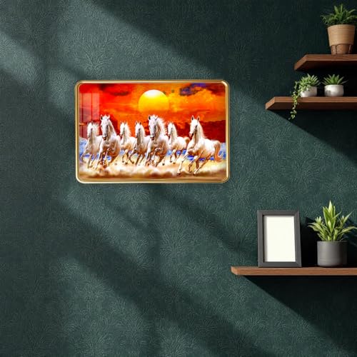 Image of 7 Running Horses Photo Frame, Ultra High Gloss Lamination, Vastu Painting for Living Room, Office, 12x18 Inch (Design 7)