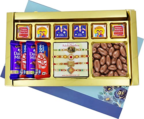 Image of Rakhi with Chocolate for Brother and Sister in Law | RakshaBandhan Chocolate Box for Bhaiya and Bhabhi |4 Rakhi Set, DairyMilk,Kitkat,Chocolate Coated Almond, Handmade Chocolae Combo Pack