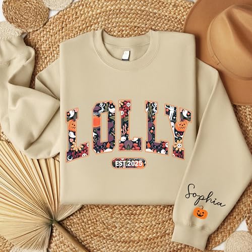 Personalized Grandma Retro Halloween Sweatshirt with Grandkids Name on Sleeve, Cute Ghost Mama Hoodie4