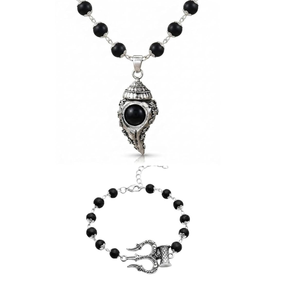 Om Satiya Shank with Karungali Beads MalaShape Charm and Karungali Trishul Bracelet Combo | Natural Ebony Wood Spiritual Beads for Meditation Prayer Positive Energy Protection | Unisex Jewellery Set-image-11