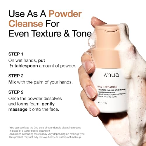 ANUA Rice Enzyme Brightening Cleansing Powder, Exfoliating Powder-to-Foam Cleanser, Smooth Texture & Clarity, Hydrating & Gentle Formula, Korean Skincare,1.41 fl.oz