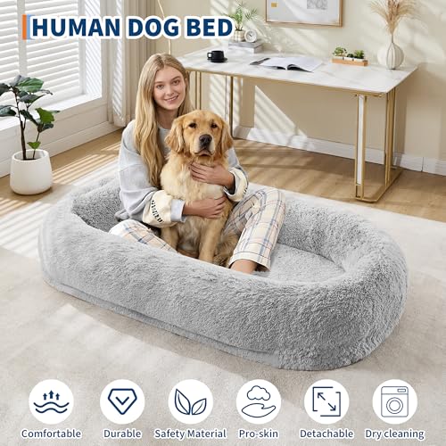 Human Dog Bed, 67” x43” x8” Large Gaint Shared Bed for Adult & Pets, Faux Fur Removable Nap Bed Bean Bag Bed with Pillow, Handle, Side Pocket, Egg Orthopedic Foam for Bedroom Living Room Office