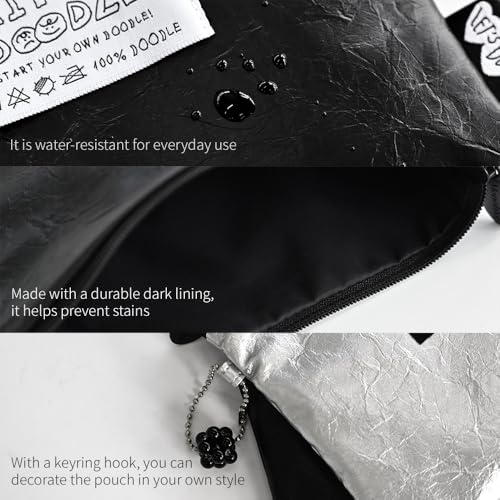 Image of Monolike Little Doodle Flat Pouch, Silver - Makeup Bag, Cosmetic Bag, Travel Bag, Toiletry Bag, Organizer, Storage Bag
