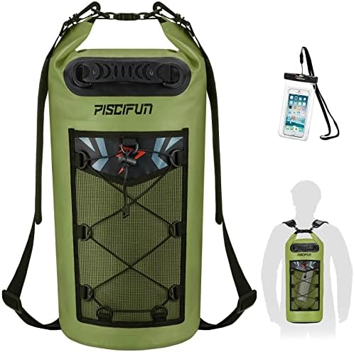 Piscifun Dry Bag, Waterproof Floating Backpack with Waterproof Phone Case for Kayking, Boating, Kayaking, Surfing, Rafting and Fishing, Army Green 5L
