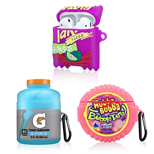 (3 Pack) Cute Airpod Case For Airpods 2&1, 3D Kawaii Silicone Cartoon Food Funny Protective Cover Accessories Skin For Airpod 1&2 Gen Charging Case For Girls Boys-(Bubble Gum+Sport Water+Takis ) #TOP25