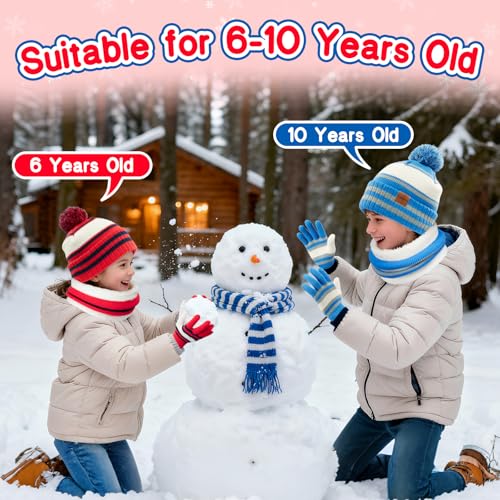 Image of Kids Winter Hat Gloves Scarf Set: Girls Boys Beanie Fleece Lined Ages 6-10