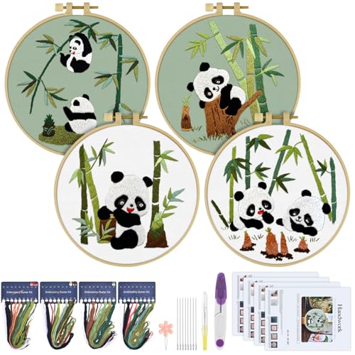 ERKOON 初心者向け刺繍キット 4セット 大人用 アニマルクロスステッチセット 刺繍クロスフープスレッド付き クラフト愛好家用 ハンドステッチ(パンダ)の商品画像（Amazon）