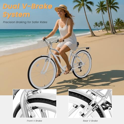 Image of MOONCOOL Beach Cruiser Bike for Women and Men, 24 /26 Inch 7-Speed Adult Bicycle, Comfortable Step-Through Frame with Rear Rack, Classic City Cruiser