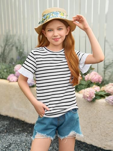 Image of Haloumoning Girls Striped Ruffle Short Sleeve T Shirts Kids Summer Crewneck Tops Casual Tees 5-14 Years
