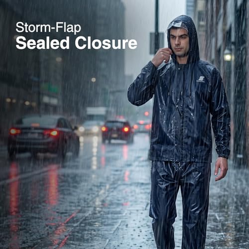Image of Amazon Brand - Symactive Raincoat with Jacket, Pants, Hood and Carry Bag | Polyester Shell with Heat Sealed PVC Lining | Inner Mobile Pocket | Plastic Peak Hood | Unisex, Blue, S
