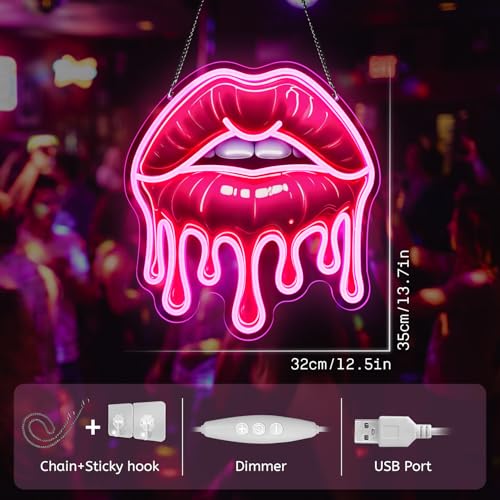 Image of Dripping Lips Neon Sign for Wall Decor, Pink LED Lip Light for Bedroom, Game Room, Bar, Aesthetic Sexy Lip Artwork, USB Powered Dimmable Neon Wall Light
