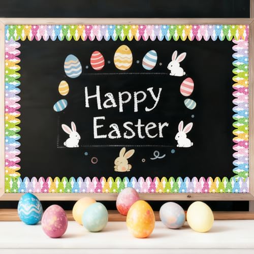 Image of Whaline 65.6ft Easter Bulletin Board Border Glitter Colorful Bunny Rabbit Shaped Die-Cut Border Trim for Spring Classroom Home Office Wall Chalkboard Decoration