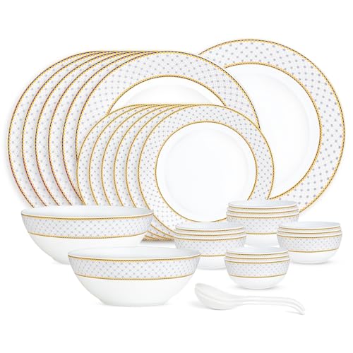 Image of Larah by Borosil 29pc Opalware Kosmia Dinner Set for Family of 6 | Microwave & Dishwasher Safe Crockery Set for Dining & Gifting | Plates & Bowls