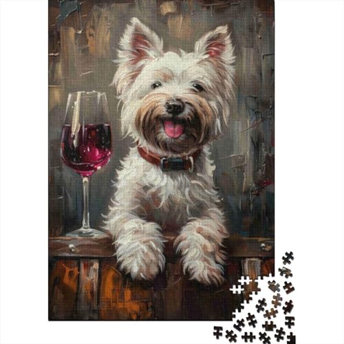 Puzzle para adultos de perro blanco y copa de vino: el proyecto de decoración familiar de 52x38cm