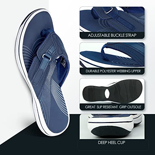 Dogdan Women's Flip Flops Thong Cushion Sandals Toepost Slippers Navy Blue 8 #TOP3