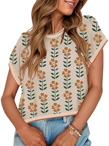 ZESICA Womens Floral Sweater Vest Summer Short Sleeve Crew Neck C...