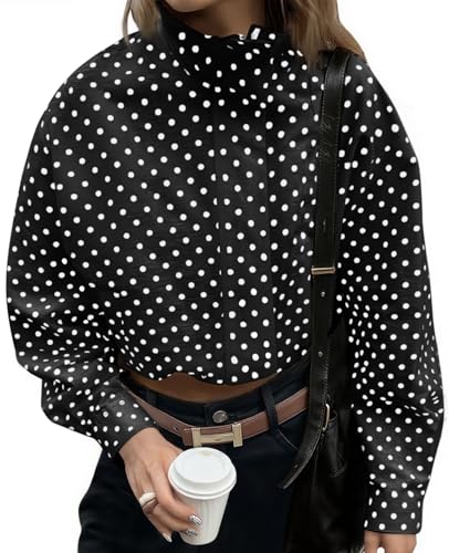 Image of Tankaneo Womens Polka Dot Zip Up Cropped Jackets | Lightweight, Lapel Collar, Casual Trendy, Fall Spring Outfits, Streetwear