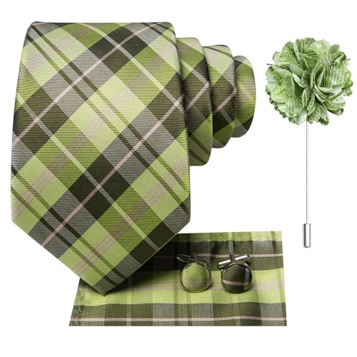 Image of Dubulle Mens Green Checks Tie and Lapel Pin Striped Floral Necktie for Men Pocket Square Cufflinks Wedding Party
