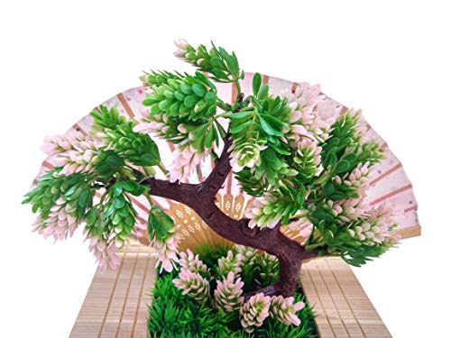 Bonsai Floral Leque Arranjo Flor Artificial Com Vaso Bege Em Madeira
