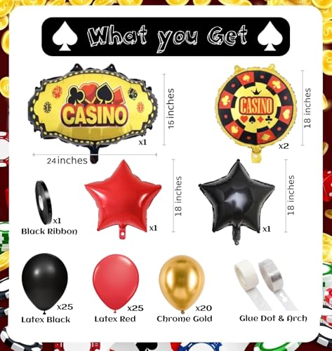 Image of AMFIN (Pack of 78) Casino Theme Foil Balloon Set, Elevate Your Party - Black, Red & Gold