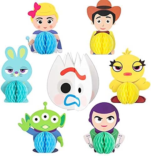 Ticiaga 7pcs Toy Inspired Story Honeycomb Centerpieces Table Topper for Birthday Party Decoration, Double Sided Cake Topper, Photo Booth Props, Toy 4th Kids Party Favor Supplies Mix of Fork, Ducky, Bunny