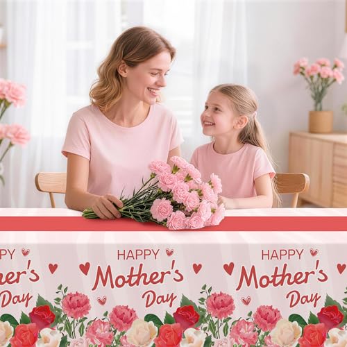 Image of Childom 2 Pack Mothers Day Tablecloth,Mother's Day Party Decorations,54 inch x 108 inch Plastic Disposable Tablecloths for Rectangle,Plastic Table Covers for Mom Birthday Party Supplies Holiday Buffet Table