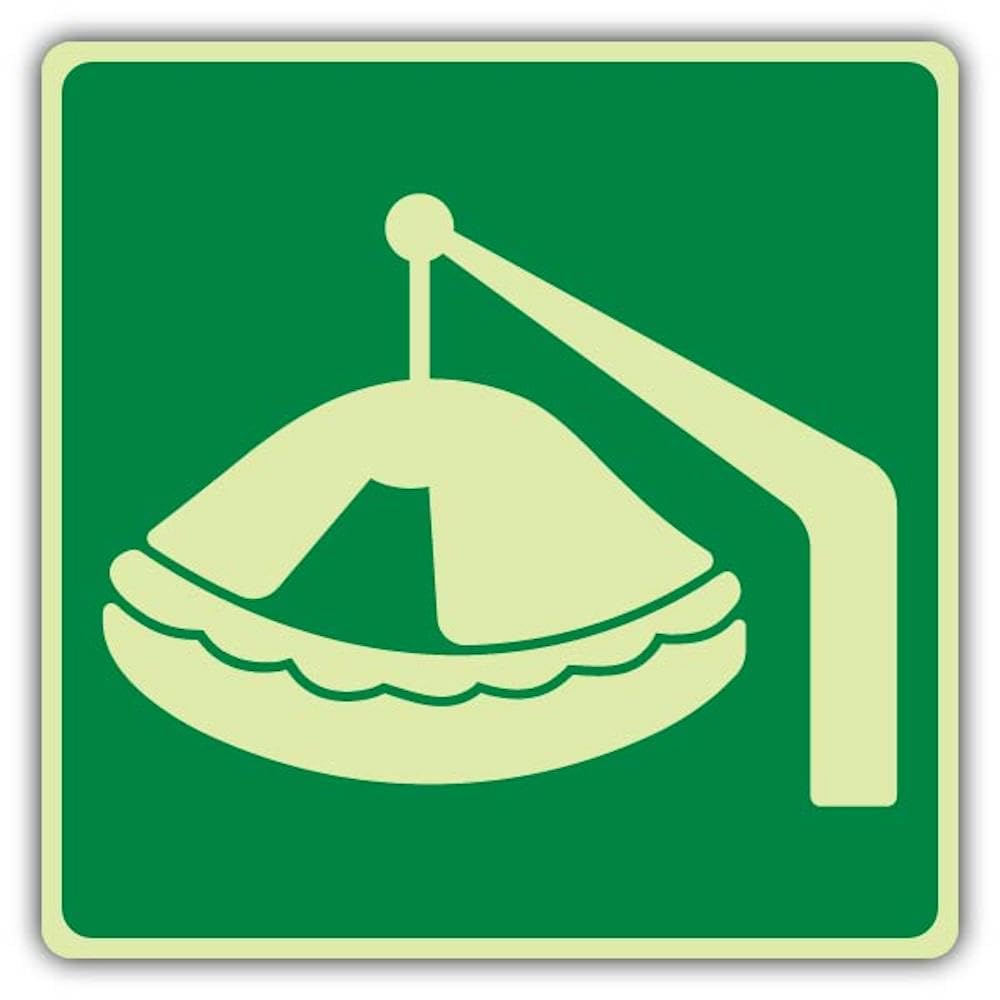 V Safety - Señal de seguridad con símbolo de balsa salvavidas que brilla en la oscuridad, formato de símbolo, 450 x 450 mm, hecho de vinilo autoadhesivo de doble brillo, señalización de seguridad