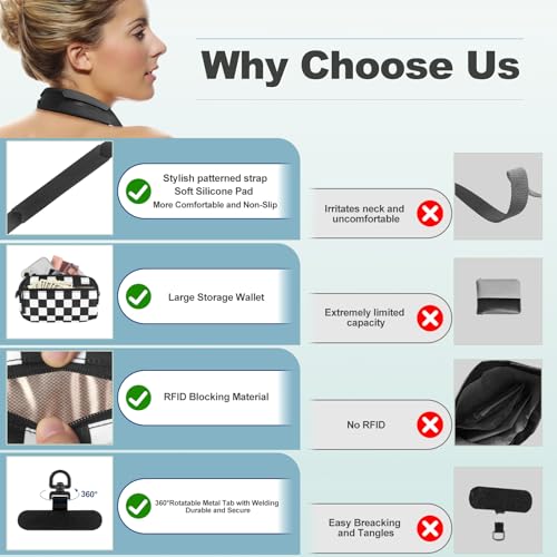 Image of YFWE Clip and Go Strap for Phone with Wallet Crossbody, Adjustable Phone Lanyard with Detachable RFID Wristlet Wallet, Phone Strap with Phone Tabs for All Phones, Black Checkered (L)