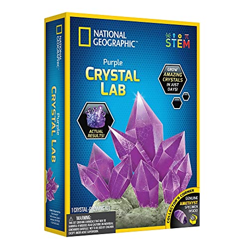 National Geographic Kit de cultivo de cristales para niños, kits de ciencia educativos para niños a partir de 8 años con deslumbrantes cristales morados y auténtico espécimen de amatista, regalos STEM
