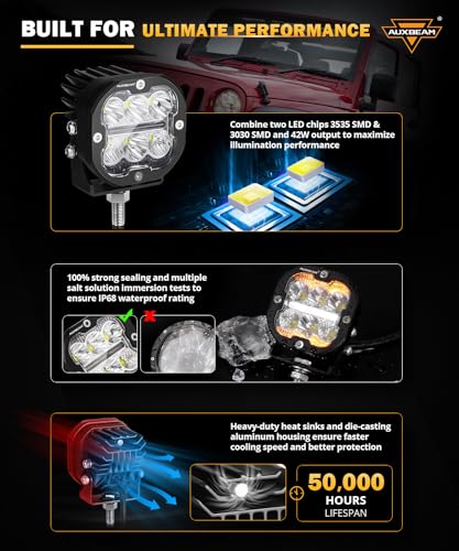 Image of Auxbeam XP-Ultra Series 3 inch LED Offroad Lights with DRL & Turn Signal 2-Pack | Amber & White 2 Color, Spot Flood Combo, 84W 9600LM, Yellow /Black Covers, 3x3 LED Pod Lights, for ATV Toyota Chevy Ram Ford