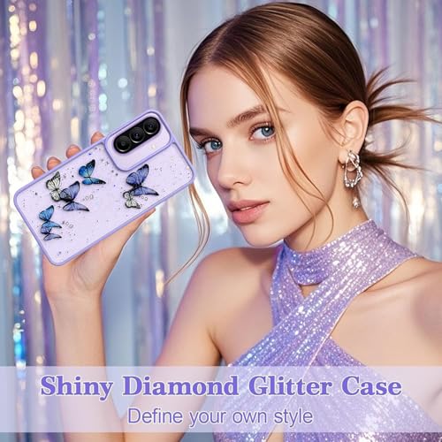 Image of VONZEE for Samsung Galaxy A37 Clear Glitter Butterfly Case, Cute Bling Sparkle Shiny Soft Silicone TPU Bumper Shockproof Women Girls Slim Protective Phone Cover for Samsung Galaxy A37, Purple