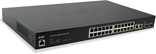 BV -Tech Conmutador administrado Gigabit PoE+ de 24 puertos con 2 Ethernet y 2 enlaces ascendentes SFP  Alto rendimiento, cumple con NDAA
