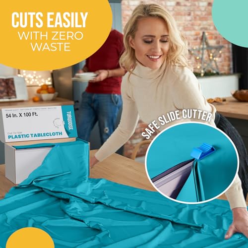 Image of Exquisite Party Solids 54 Inch X 100 Feet Turquoise Plastic Table Cover Roll in A Cut - to - Size Box with Convenient Slide Cutter. Cuts Up to 12 Rectangle 8 Feet Plastic Disposable Tablecloths
