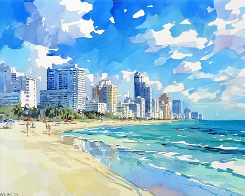 WUIVCTR South Beach Miami Florida Canvas DIY Paint by Numbers Kit Bar Cafe Cave Home Room Wall Bathroom Porch Patio Decor Gift, 16x20 Inch