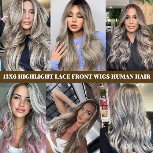 Image of Long Straight Highlight Lace Front Wig Human Hair 180% Density 13X6 Ombre Ash Brown Mixed 613 Blonde with Dark Brown Roots Lace Front Wigs Human Hair for White Women Pre Plucked Hairline 32 Inch