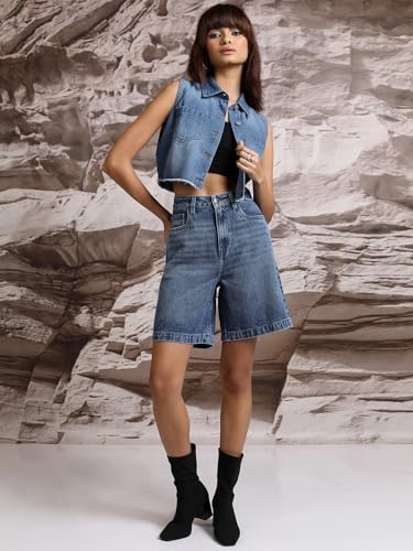 Image of Tokyo Talkies Women Blue High Rise Cotton Denim Shorts