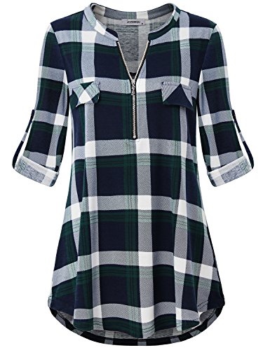 Jczhwqu Cuffed Sleeve Blouse, Women's Retro Style Mandarin Collared Vneck 3/4 Roll Tab Sleeve Tunic Tops For Leggings Hispter Latest Fashion Vintage Shirttail Shirts With Fake Pockets Green M #TOP21
